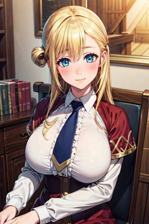 (masterpiece:1.2), (best quality), (ultra detailed), (8k, 4k, intricate),(half-body-shot:1.2),(cowboy:1.2),(highly detailed:1.2),(detailed face:1.2), (detailed background),(portrait),detailed landscape, <lora:more_details:0.5>, <lora:enomeV5:0.7>enome, 1girl, blonde hair, blue eyes, solo, long hair, breasts, smile, large breasts, necktie, looking at viewer, hair bun, single hair bun, chair, upper body, blue necktie, sitting, blush