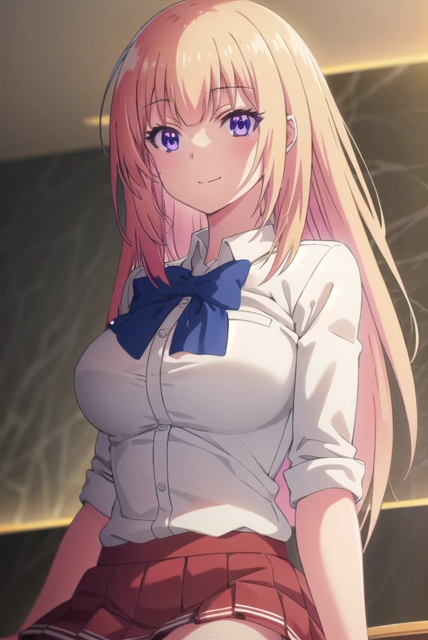 honamiichinose, <lora:honami ichinose s2-lora-nochekaiser:1>,
honami ichinose, long hair, blonde hair, (purple eyes:1.1), hair between eyes, smile,
BREAK skirt, bow, school uniform, pleated skirt, bowtie, blue bow, red skirt, collared shirt, white shirt, short sleeves,
BREAK indoors, classroom,
BREAK looking at viewer, (cowboy shot:1.5),
BREAK <lyco:GoodHands-beta2:1>, (masterpiece:1.2), best quality, high resolution, unity 8k wallpaper, (illustration:0.8), (beautiful detailed eyes:1.6), extremely detailed face, perfect lighting, extremely detailed CG, (perfect hands, perfect anatomy),
