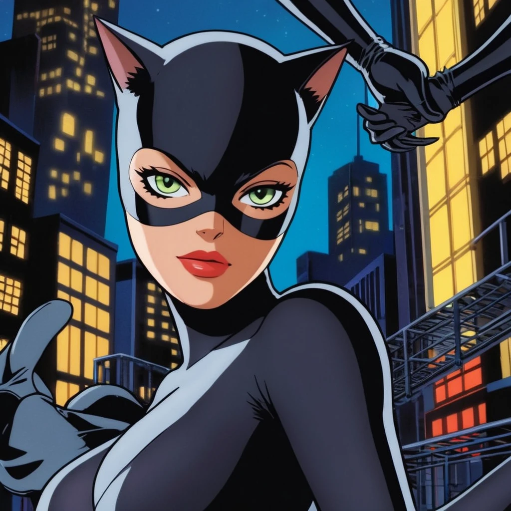 anime artwork of  <lora:Catwoman:1.2>
Catwoman a naked woman in a cat suit and gloves In Gotham City Universe, anime style, key visual, vibrant, studio anime,  highly detailed