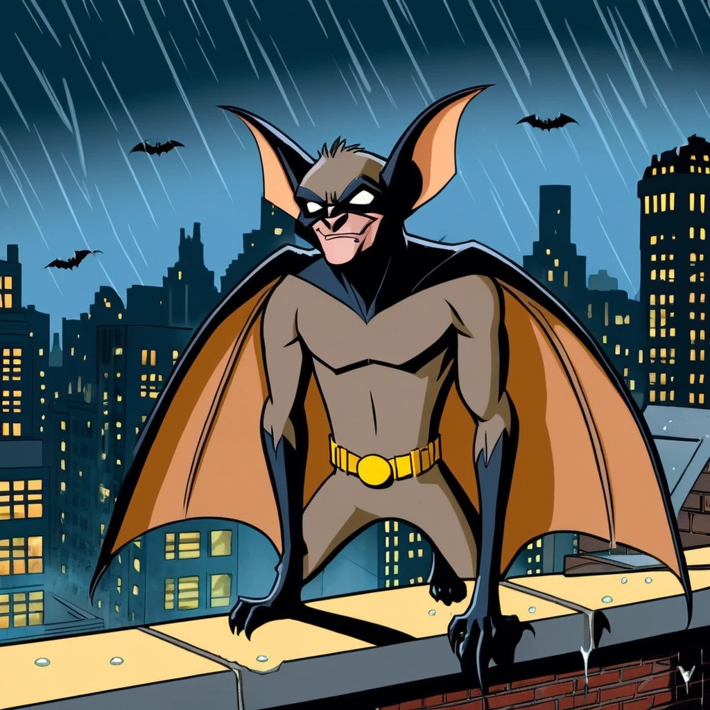 comic book art of <lora:Man-Bat:1.2>
Man-Bat a cartoon of a bat creature on a ledge in rain in Gotham city universe, comic art, graphic novel illustration