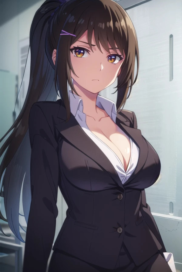 saechabashira, <lora:sae chabashira s2-lora-nochekaiser:1>,
sae chabashira, long hair, (black hair:1.5), hair ornament, (brown eyes:1.3), ponytail, hairclip,
BREAK shirt, cleavage, collarbone, jacket, white shirt, formal, suit,
BREAK indoors, classroom,
BREAK looking at viewer, (cowboy shot:1.5),
BREAK <lyco:GoodHands-beta2:1>, (masterpiece:1.2), best quality, high resolution, unity 8k wallpaper, (illustration:0.8), (beautiful detailed eyes:1.6), extremely detailed face, perfect lighting, extremely detailed CG, (perfect hands, perfect anatomy),