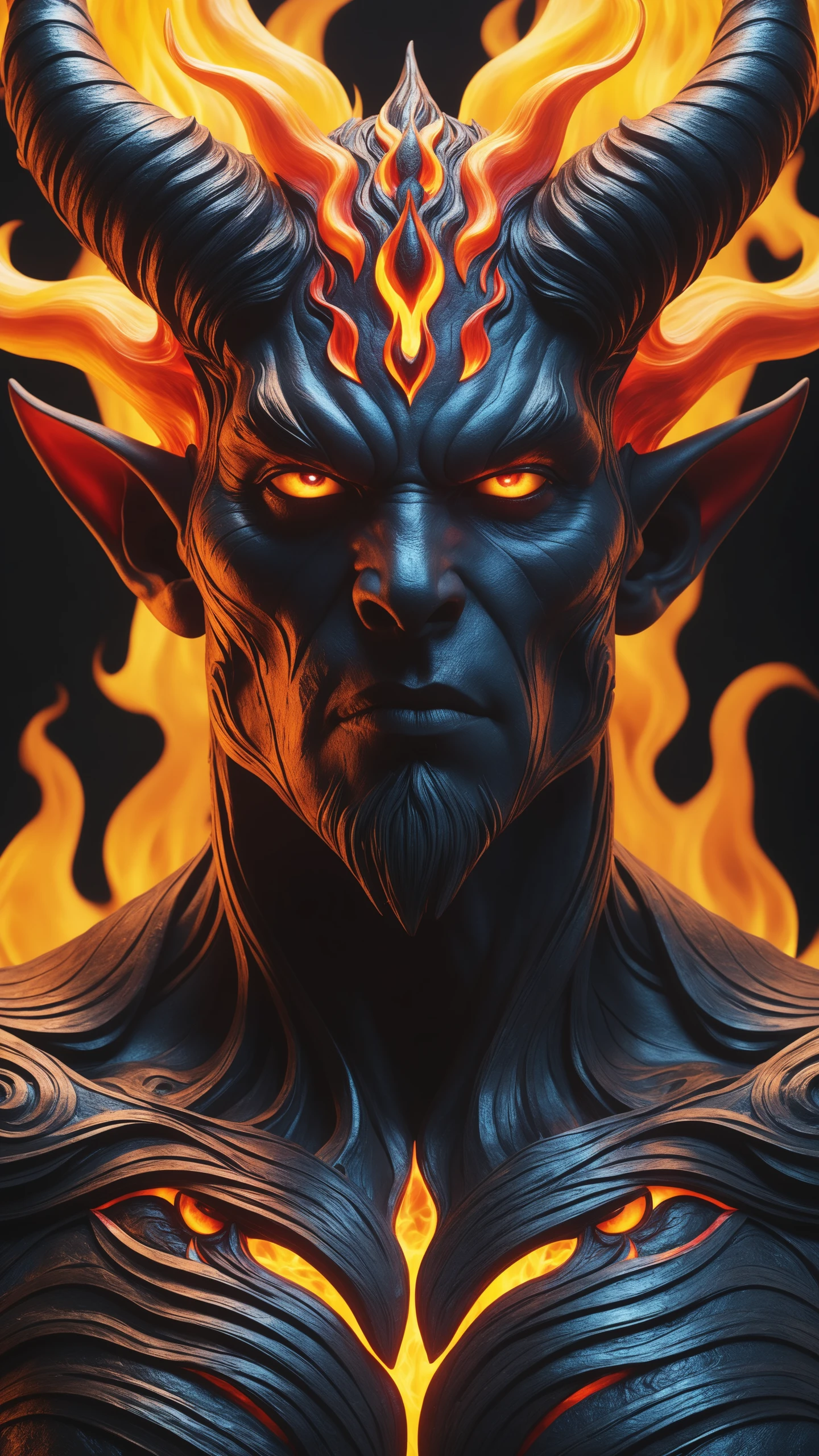 (8k, RAW photo, highest quality), hyper realist, intricate abstract, intricate artwork, abstract style, striking portrait, menacing, otherworldly creature, [demon:darkness:35], [flames:magma:40], with swirling flames cascading from its body, fearsome power and ethereal presence, non-representational, colors and shapes, expression of feelings, imaginative, highly detailed, extremely high-resolution details, photographic, realism pushed to extreme, fine texture, 4k, ultra-detailed, high quality, high contrast