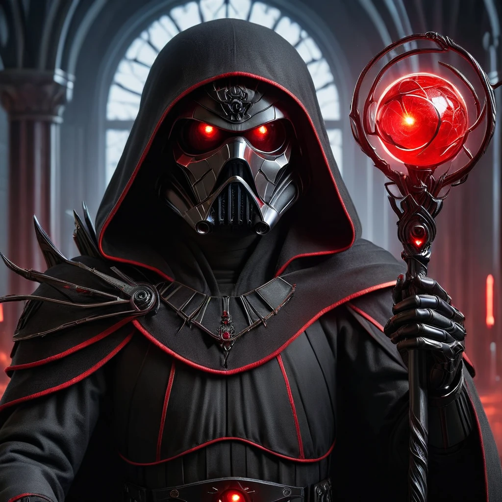 a detailed and realistic image of a black stormtrooper wielding a red orbstaff, casting red magic, red glowing eyes, HD, masterpiece, best quality, hyper detailed, ultra detailed, realistic