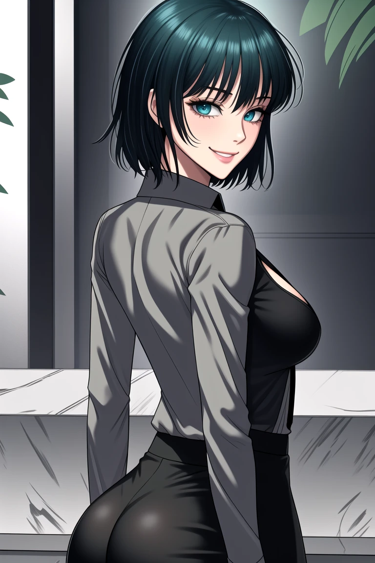 (shoujo-style), 1girl, alternate costume, arm behind back, arm support, bangs, detailed hair, detailed eyelashes, black pantyhose, black skirt, blue eyes, blush, breasts, cleavage, collared shirt, green eyes, green hair, grin, large breasts, long sleeves, looking at viewer, office lady, pantyhose, partially unbuttoned, pencil skirt, shirt, shirt tucked in, short hair, skirt, smile, solo, white shirt, fubuki one-punch man, corrupted highres, one-punch man