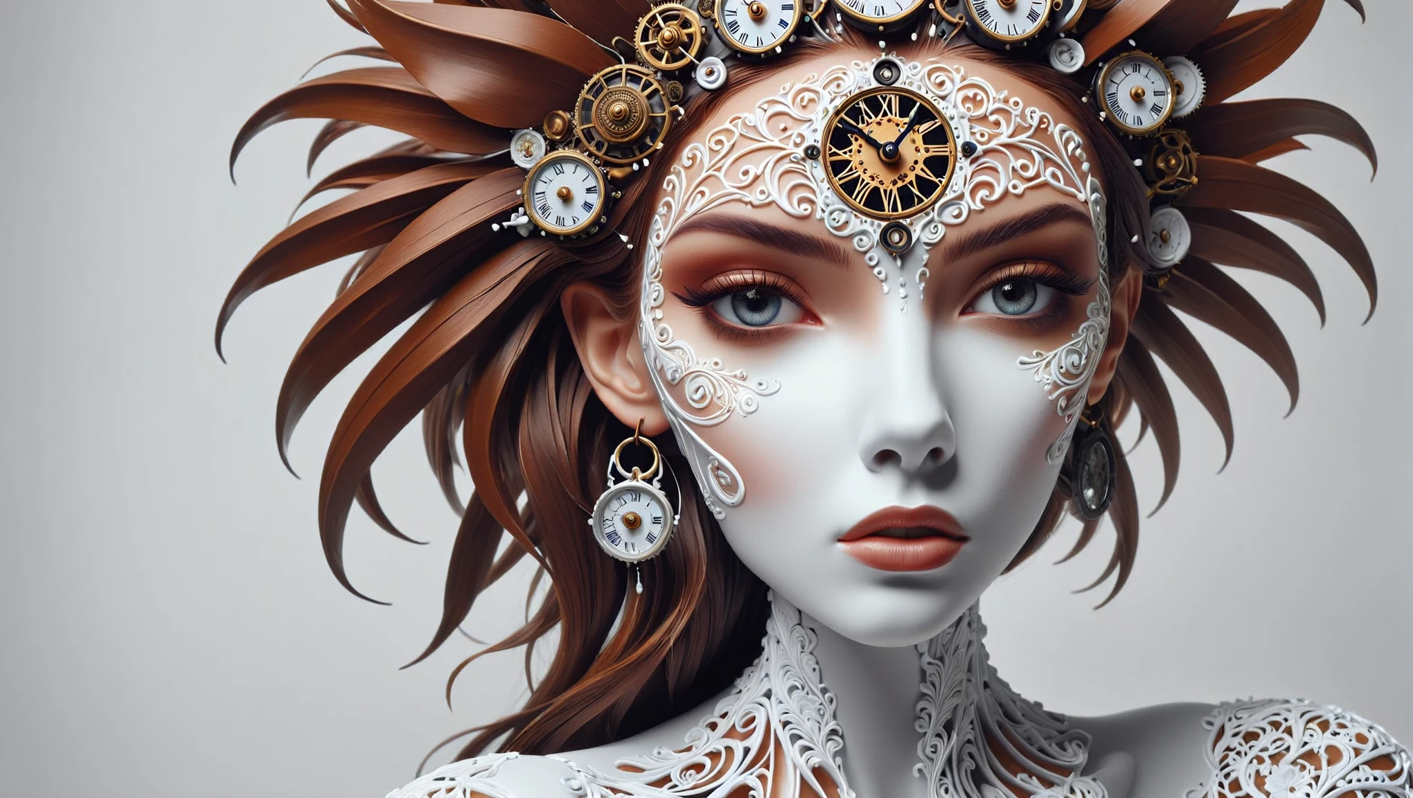 Photograph of Painting using acrylic paints The image features a sculpture of a head, which appears to be a bust of a person. The head is covered in a complex and intricate design, resembling a machine or a clock. The sculpture is made of white plastic, giving it a unique and artistic appearance. The head is positioned in the center of the image, drawing attention to its intricate details and craftsmanship., often on canvas, known for quick drying and versatile techniques., captured on a (Hasselblad X1D II 50C)