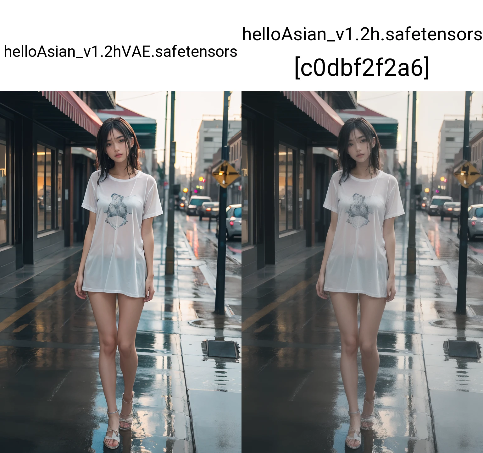 real human skin,beautiful woman in the rain with wet hair, on the street, full body, ((wet t-shirt)), extremely high quality RAW photograph, detailed background, intricate, Exquisite details and textures, highly detailed, ultra detailed photograph, warm lighting, 4k, sharp focus, high resolution, detailed skin, detailed eyes, 8k uhd, dslr, high quality, film grain, Fujifilm XT3, ((hyper realistic skin)),<lora:GoodHands-beta2:1>