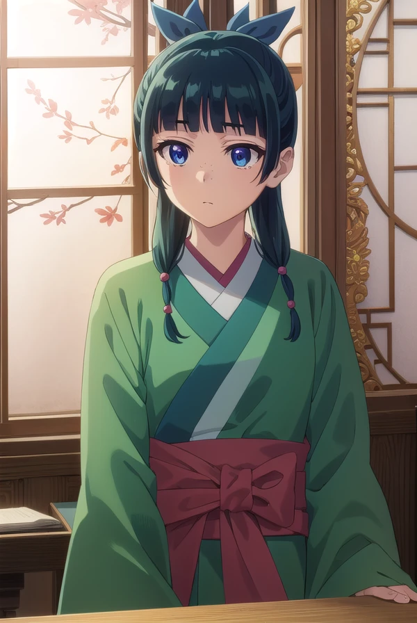 kusuriyamaomao, <lora:kusuriya maomao s1-lora-nochekaiser:1>,
maomao, long hair, bangs, blue eyes, hair ornament, green hair, blunt bangs, freckles, hair bun, single hair bun,
BREAK japanese clothes, robe, green robe, long sleeves, wide sleeves, hakama, red hakama,
BREAK indoors,
BREAK looking at viewer, (cowboy shot:1.5),
BREAK <lyco:GoodHands-beta2:1>, (masterpiece:1.2), best quality, high resolution, unity 8k wallpaper, (illustration:0.8), (beautiful detailed eyes:1.6), extremely detailed face, perfect lighting, extremely detailed CG, (perfect hands, perfect anatomy),