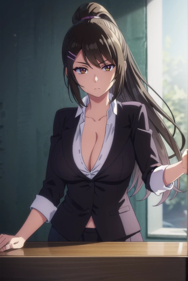 saechabashira, <lora:sae chabashira s2-lora-nochekaiser:1>,
sae chabashira, long hair, (black hair:1.5), hair ornament, (brown eyes:1.3), ponytail, hairclip,
BREAK shirt, cleavage, collarbone, jacket, white shirt, formal, suit,
BREAK indoors, classroom,
BREAK looking at viewer, (cowboy shot:1.5),
BREAK <lyco:GoodHands-beta2:1>, (masterpiece:1.2), best quality, high resolution, unity 8k wallpaper, (illustration:0.8), (beautiful detailed eyes:1.6), extremely detailed face, perfect lighting, extremely detailed CG, (perfect hands, perfect anatomy),