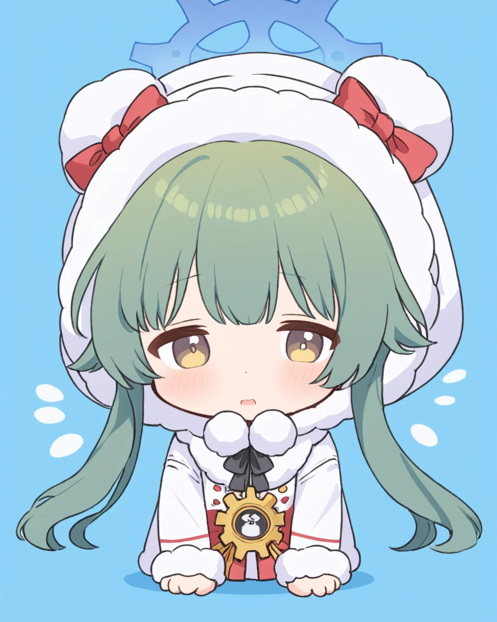 momiji \(blue archive\),1girl, solo, >_<, wavy_mouth, long_sleeves, open_mouth, chibi, blush, facing_viewer, flying_sweatdrops, white_outline, halo, red_bow, hood_up, fur-trimmed_sleeves, fur-trimmed_hood, blue_background, animal_hood, sidelocks, white_coat
<lora:momiji_(blue_archive)_image185_2023-12-01:1>halo. gorgeous,key visual, vibrant, studio anime,award-winning, professional, highly detailed,high budget, cinemascope