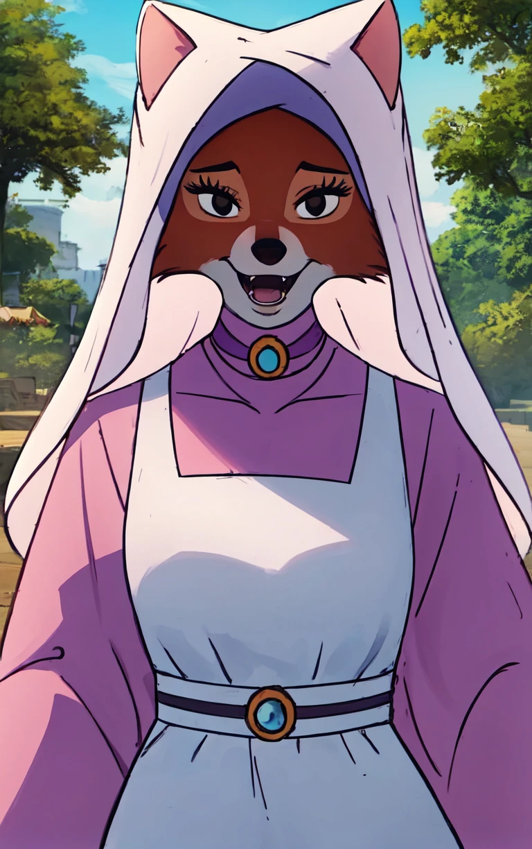 CARTOON_MaidMarian_ownwaifu,
1girl, furry, furry female, animal ears, black eyes, body fur, snout, two-tone fur, orange fur, animal nose, fangs, tail,
dress, long sleeves, purple dress, veil, choker, jewelry, brooch, hood up, long dress, belt, gem, puffy sleeves,
<lora:CARTOON_MaidMarian_ownwaifu:1>
((masterpiece)),((best quality)),(highres, absurdres), original, official_art, looking at viewer, solo, focused, outdoors, day, cowboy shot,