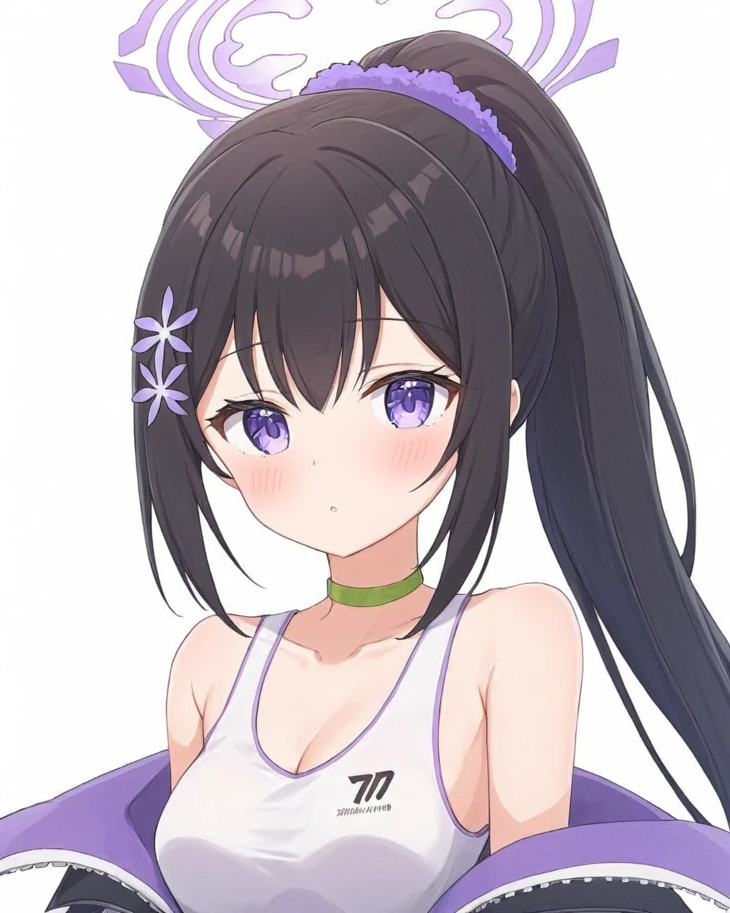 sumire \(blue archive\),1girl, solo, ponytail, looking_at_viewer, upper_body, white_background, purple_scrunchie, simple_background, blush, medium_breasts, hair_flower, collarbone, jacket, bare_shoulders, choker, sidelocks, off_shoulder, hair_scrunchie, parted_lips, tank_top, high_ponytail, open_clothes
<lora:sumire_(blue_archive)_image198_2023-12-01-000055:1>halo. gorgeous,key visual, vibrant, studio anime,award-winning, professional, highly detailed,high budget, cinemascope