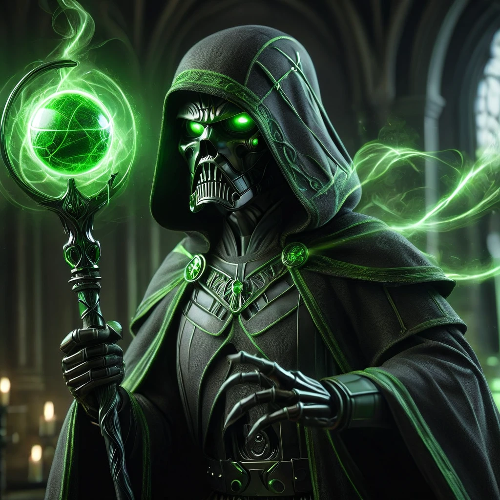 a detailed and realistic image of a black stormtrooper wielding a green orbstaff, casting green magic, green glowing eyes, HD, masterpiece, best quality, hyper detailed, ultra detailed, realistic