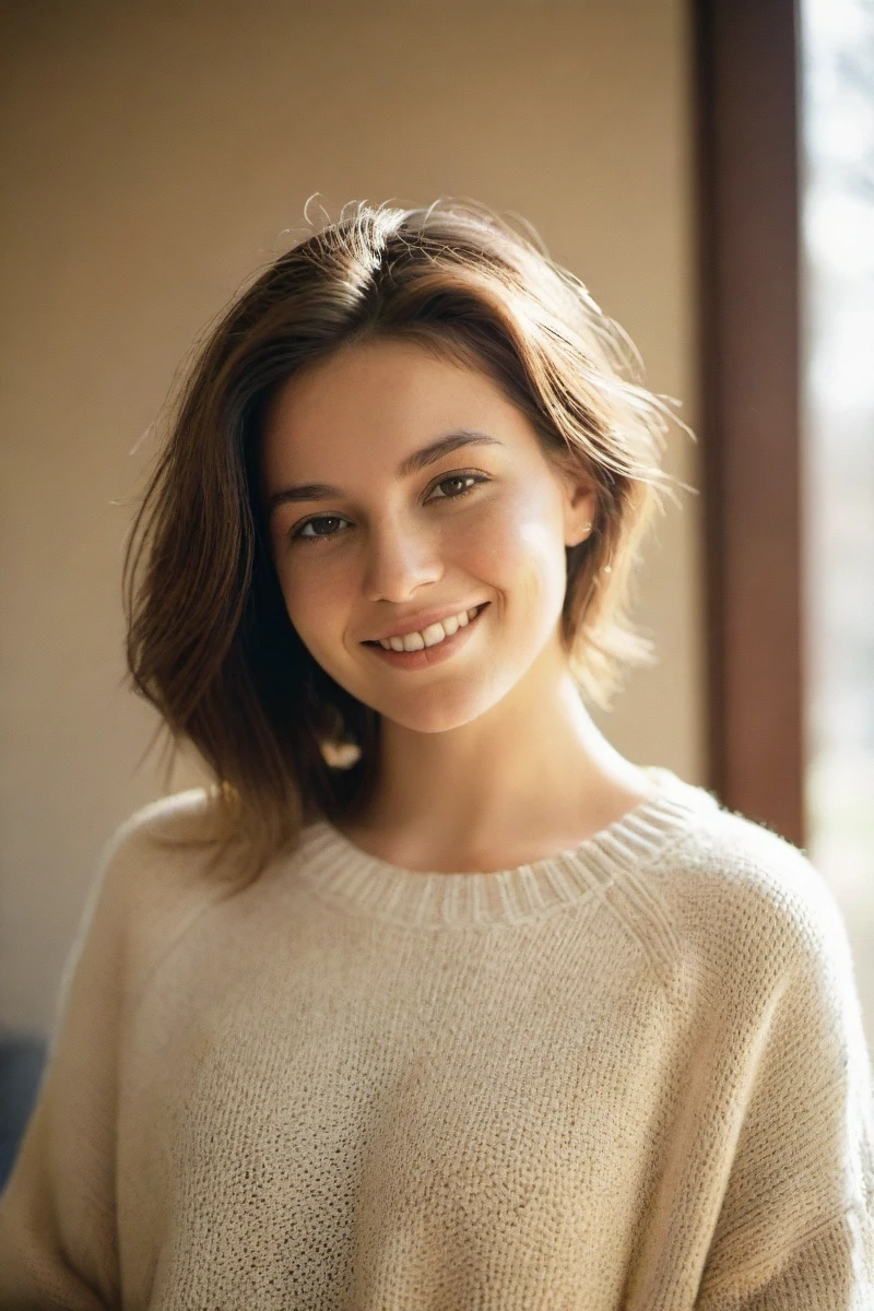 edgy pinterest woman,20 years old,wearing a oversized sweater,happy,dimples,natural look,sunny,soft lighting,emotional,grainy,, best quality,realistic,masterpiece,photography,RAW photo,highres,(absurdres:1.2),Kodak Protre 400,film grain,lens flare,