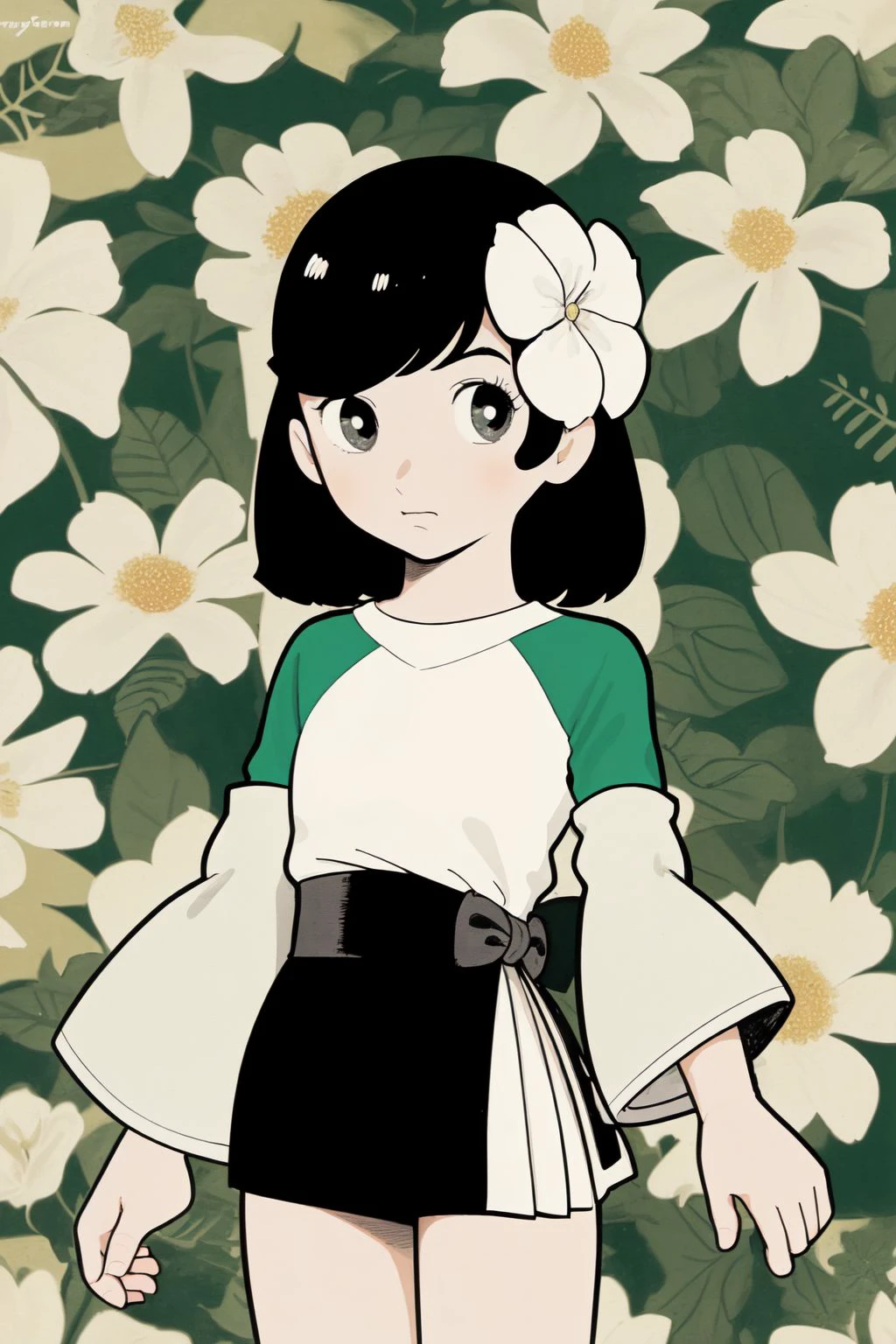 cowboy shot, solo, 1girl, looking at viewer, dark grey raglan sleeves, no light, Sprengeri_Fern \(flower\), floral background <lora:Osamu_Tezuka_style_v01:1>