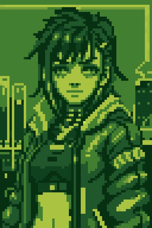 <lora:Gameboy Palette Style:0.6> green theme, limited color, gb_palette, masterpiece, best quality, 1girl, cyberpunk, wearing cyberpunk open jacket, upperbody