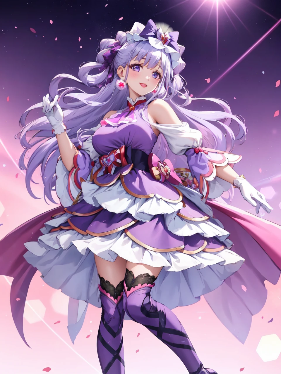 masterpiece, best quality, looking at viewer, depth of field, standing, full body, 
1girl, <lora:locon_cure_amour_01:0.9>, cure amour, purple dress, white gloves, ascot, wide sleeves, detached sleeves, layered dress, knee boots, purple thighhighs, pom pom earrings, headdress, lipstick, 
smile, (gradient background), lens flare,