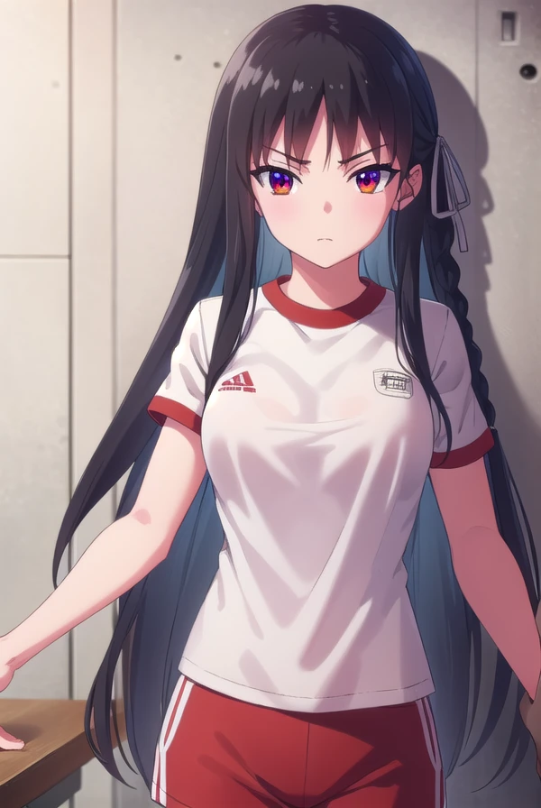 suzunehorikita, <lora:suzune horikita s2-lora-nochekaiser:1>,
suzune horikita, long hair, black hair, (red eyes:1.3), hair ribbon, braid,
BREAK shirt, white shirt, short sleeves, shorts, gym uniform, red shorts, gym shirt, gym shorts,
BREAK indoors, classroom,
BREAK looking at viewer, (cowboy shot:1.5),
BREAK <lyco:GoodHands-beta2:1>, (masterpiece:1.2), best quality, high resolution, unity 8k wallpaper, (illustration:0.8), (beautiful detailed eyes:1.6), extremely detailed face, perfect lighting, extremely detailed CG, (perfect hands, perfect anatomy),