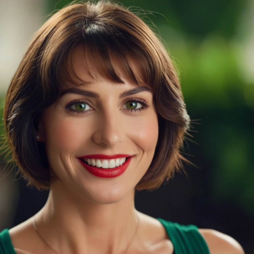 cinematic film still of <lora:Marie Claude Bourbonnais:1.2>
Marie Claude Bourbonnais a Green_Eyes Short_Brown_Hair Red_Lips woman with a big smile on her face , shallow depth of field, vignette, highly detailed, high budget, bokeh, cinemascope, moody, epic, gorgeous, film grain, grainy