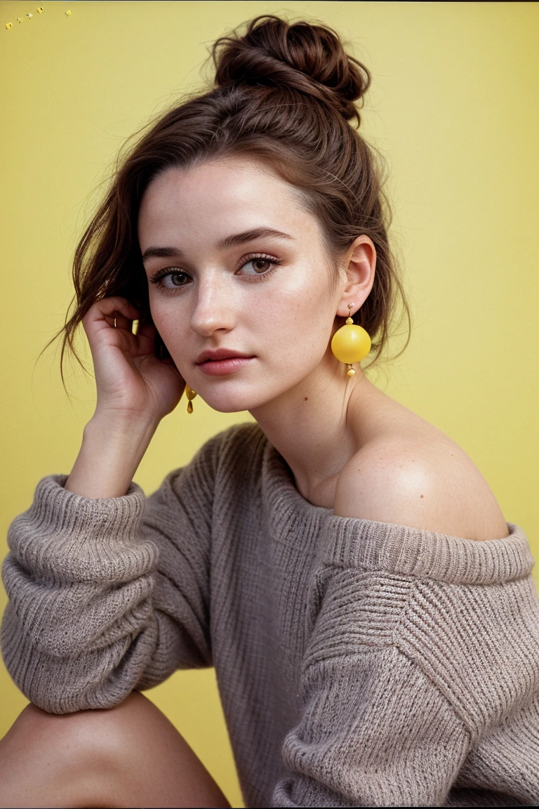 photo of (kd3v3r-135:0.99), closeup portrait, perfect hair, hair upsweep updo, posing, (modern photo, one-shoulder Canary Yellow sweater), (polaroid frame), 24mm, (analog, film, film grain:1.3), (plain Pastel Purple background, gradient), ((detailed eyes)), (seductive pose), (epicPhoto), earrings