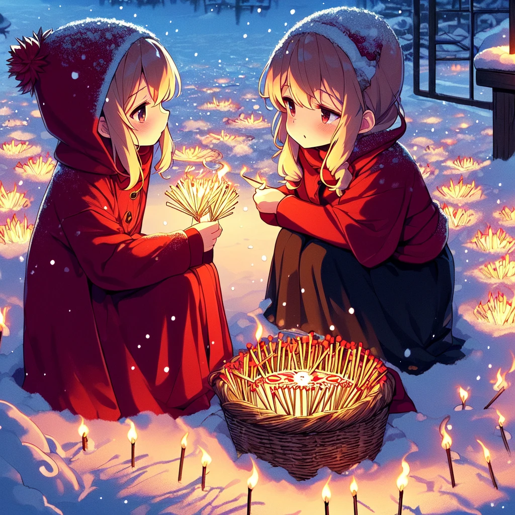 2d illustration, fairy tales, anime style, full body, Snowing, (((ritual circle:1.4))), very poor, very cold, ((squat on ground)), (((night town))), red hooded jacket, black long skirt, holding basket, little girl head down, (((countless lit match on snow))), beautiful longhair,<lora:girllikelitmatch:1.0>