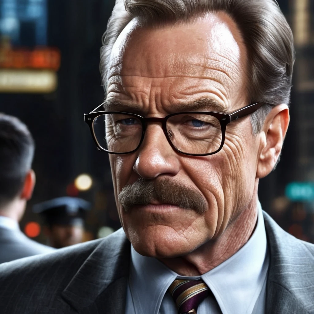 Hyperrealistic art of <lora:Commissioner Gordon:1.2>
Bryan Cranston Commissioner Gordon a man with a mustache and glasses wearing a tie in Gotham city universe, Extremely high-resolution details, photographic, realism pushed to extreme, fine texture, incredibly lifelike