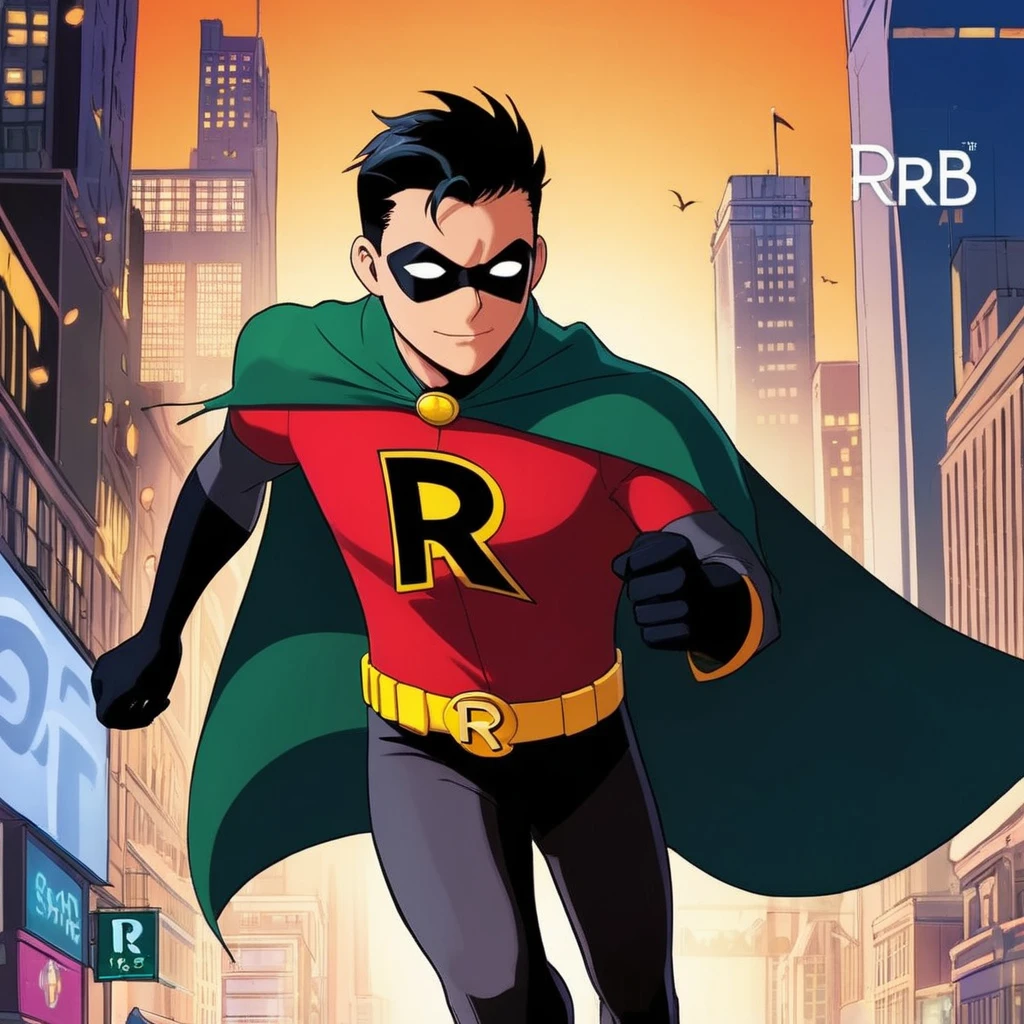 anime artwork of <lora:Robin:1.2>
Robin a cartoon of a man with a cape with letter R logo in Gotham city universe, anime style, key visual, vibrant, studio anime, highly detailed