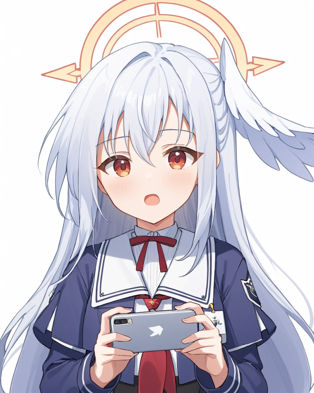 suzumi \(blue archive\),1girl, solo, head_wings, white_background, looking_at_viewer, simple_background, open_mouth, holding_phone, neck_ribbon, long_sleeves, smartphone, speech_bubble, sailor_collar, shirt, red_ribbon, :d
<lora:suzumi_(blue_archive)_image73_2023-12-01:1>halo. gorgeous,key visual, vibrant, studio anime,award-winning, professional, highly detailed,high budget, cinemascope