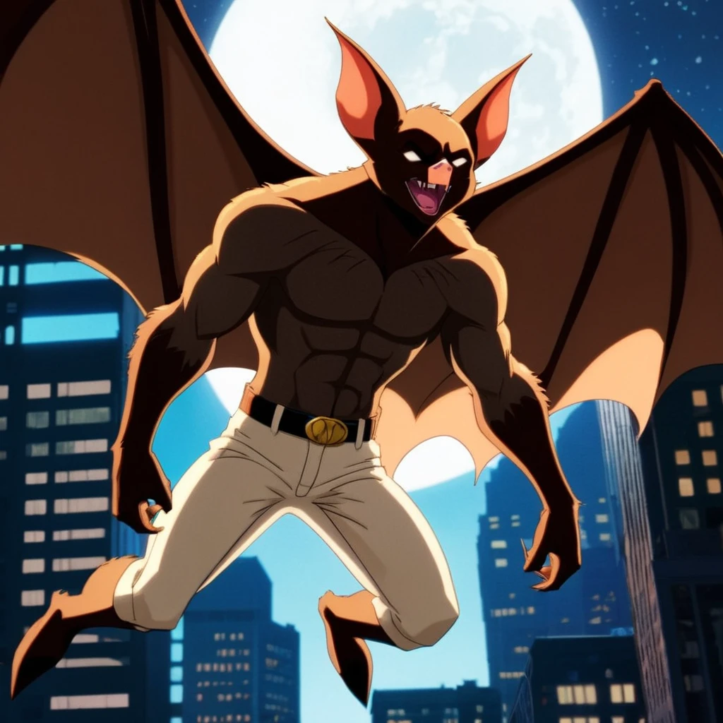 anime artwork of <lora:Man-Bat:1.2>
Man-Bat a cartoon character of a brown bat creature with a white pants in Gotham city universe, anime style, key visual, vibrant, studio anime, highly detailed