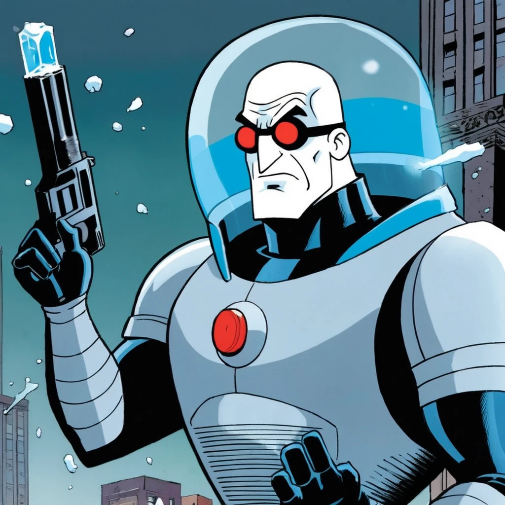 comic book art of <lora:Mr. Freeze:1.2>
Mr. Freeze a cartoon character holding a frozen ice cold gun In Gotham City, comic art, graphic novel illustration