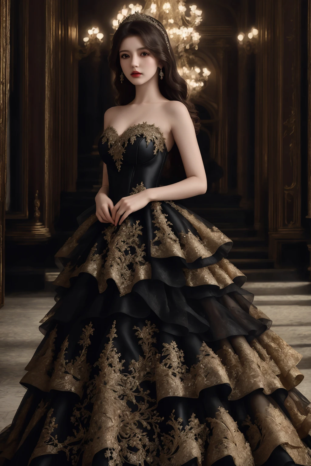 ((best quality)), absurdres, ((ultra high res)), a woman in tiered organza princess gown, black and gold gown, beautiful and elegant, looking at viewer, extremely detailed, realistic, 8k, masterpiece, <lora:royal:0.8>