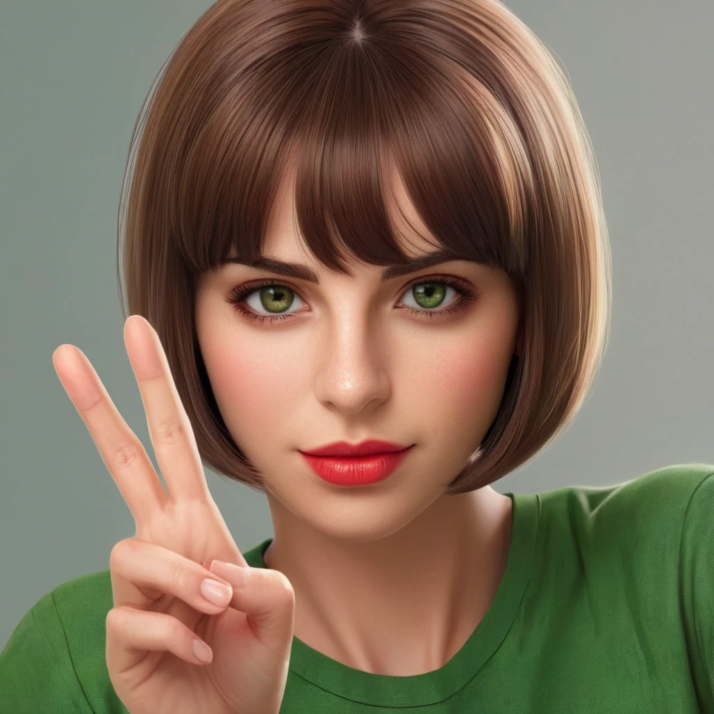 Hyperrealistic art of <lora:Marie Claude Bourbonnais:1.2>
Marie Claude Bourbonnais a cartoon Green_Eyes Short_Brown_Hair Red_Lips woman with a peace sign in her hand Anime Manga Girl, Extremely high-resolution details, photographic, realism pushed to extreme, fine texture, incredibly lifelike