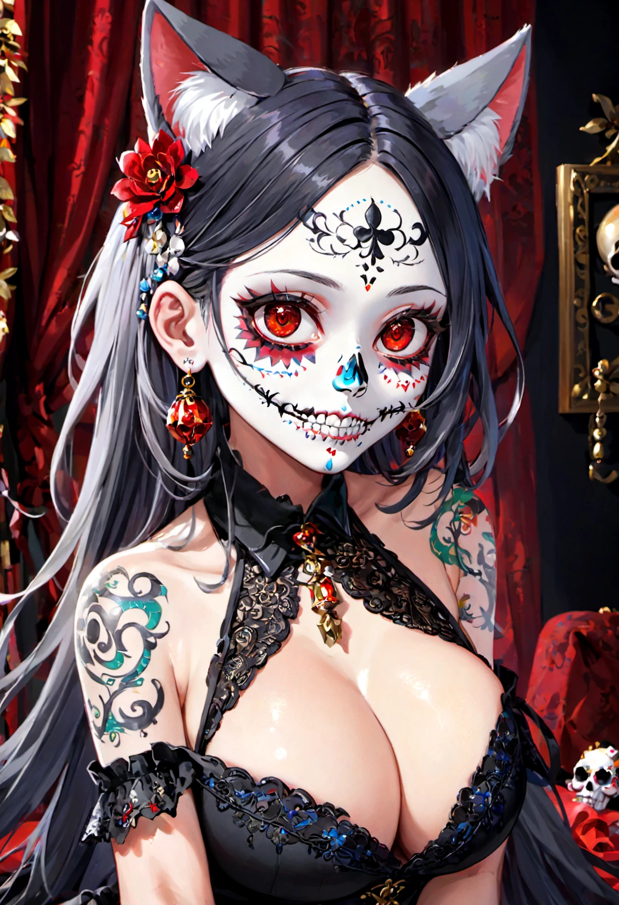 high resolution, (aburdres:1.4), aburd res, high quality, best quality,, (8k, 4k, intricate), (full-body-shot:1), (Cowboy-shot:1.2), (85mm), (highly detailed:1.2), (detailed face:1.2), (gradients), nsfw, colorful, (detailed eyes:1.2), (detailed landscape), (detailed background), (dynamic angle:1.2), (dynamic pose:1.2), (Line of action:1.2), 1girl, animal ear fluff, animal ears, bare shoulders, black dress, black hair, cat ears, cat tail, cleavage, colored skin, white skin, sugar skull makeup, dress, earrings, grey skin, hair between eyes, hair ornament, jewelry, long hair, looking at viewer, large breasts, red eyes, skull hair ornament, smile, solo, tattoo, upper body, wings, pelvic curtain