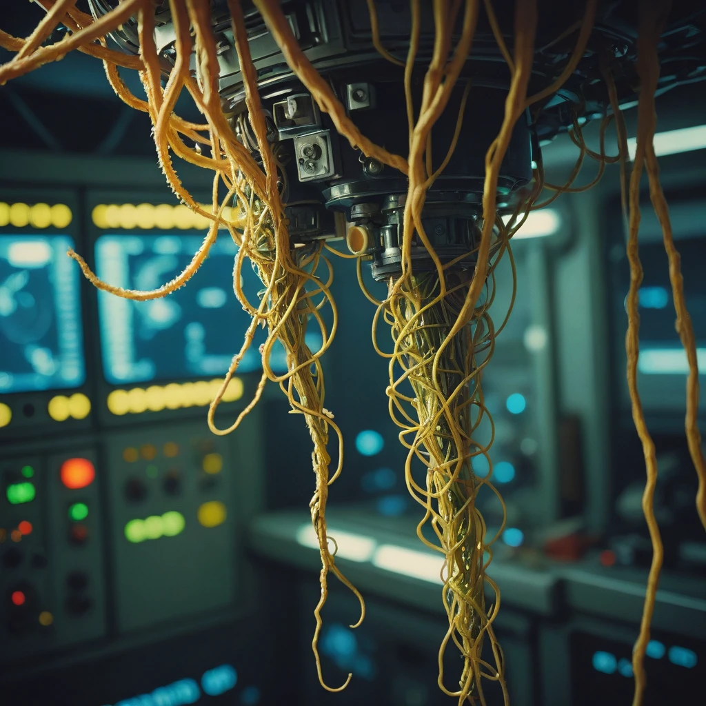 knee level shot, Space station overgrown with bio-mechanical tendrils that ensnare crew members., (Ektachrome, Romantic, Realism, flat lighting, gilded technique, DOF, bokeh :1.3)
