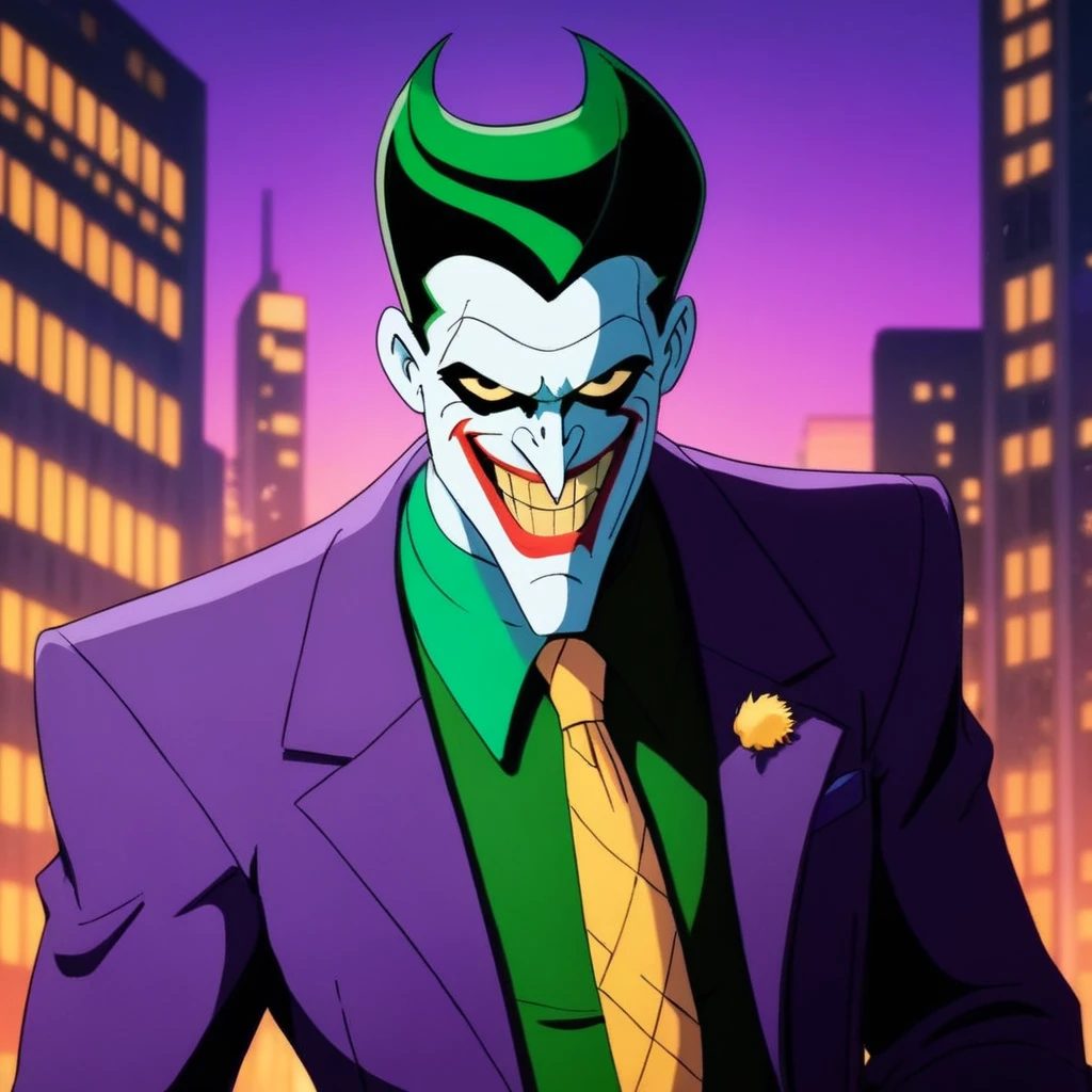 anime artwork of  <lora:Joker:1.2>
Joker a cartoon joker with a green tie and a purple suit in Gotham city universe, anime style, key visual, vibrant, studio anime,  highly detailed