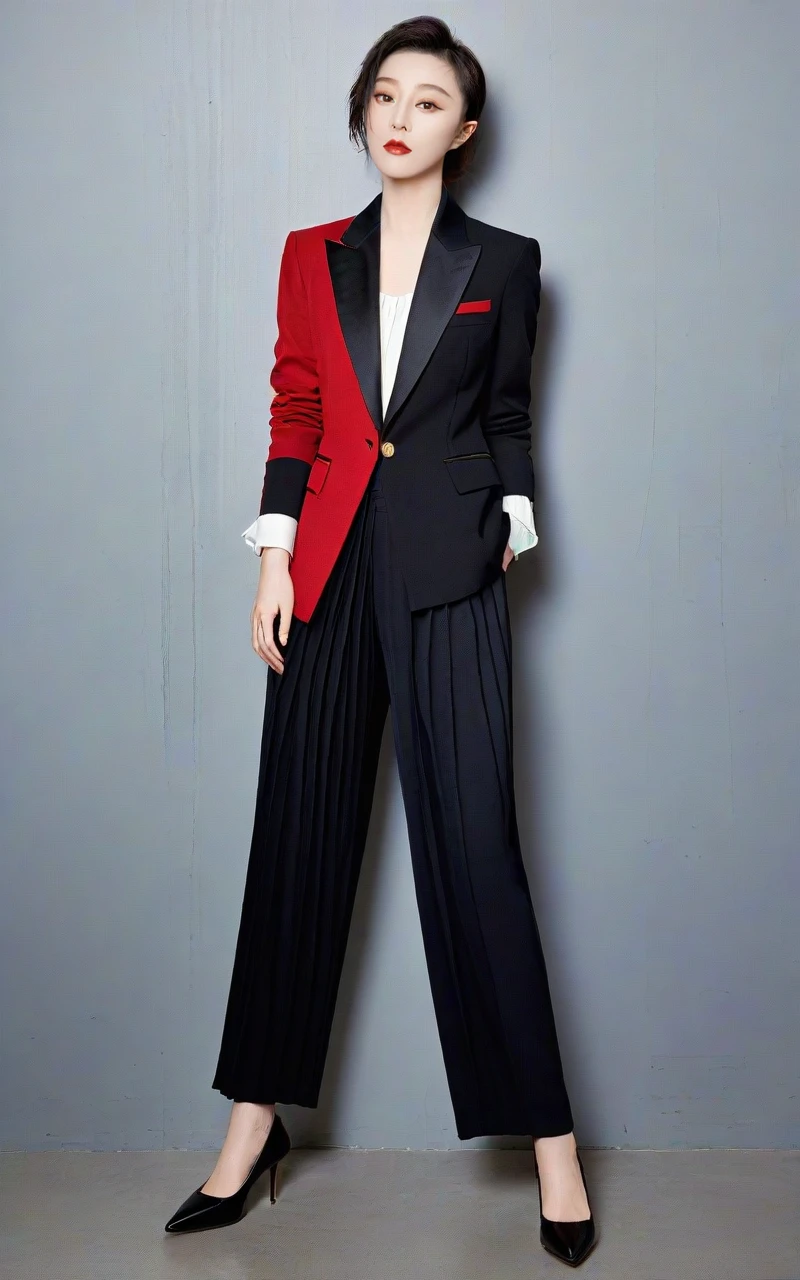 High Fashion, red lips,side_light,sweet,(Tailored_blazer:1.4),(Pleated_trousers:1.3),(Pointed-toe_loafers:1.2),
<lora:fbb_XL_3_-000005:1>,fbb,chinese actress fan bingbing,play in beijing,, (masterpiece,best quality,ultra high res:1.2),(photo-realistic:1.3),(beautiful face,exquisite face,skin texture:1.2),, dynamic, dramatic, haute couture, elegant, ornate clothing, High Fashion