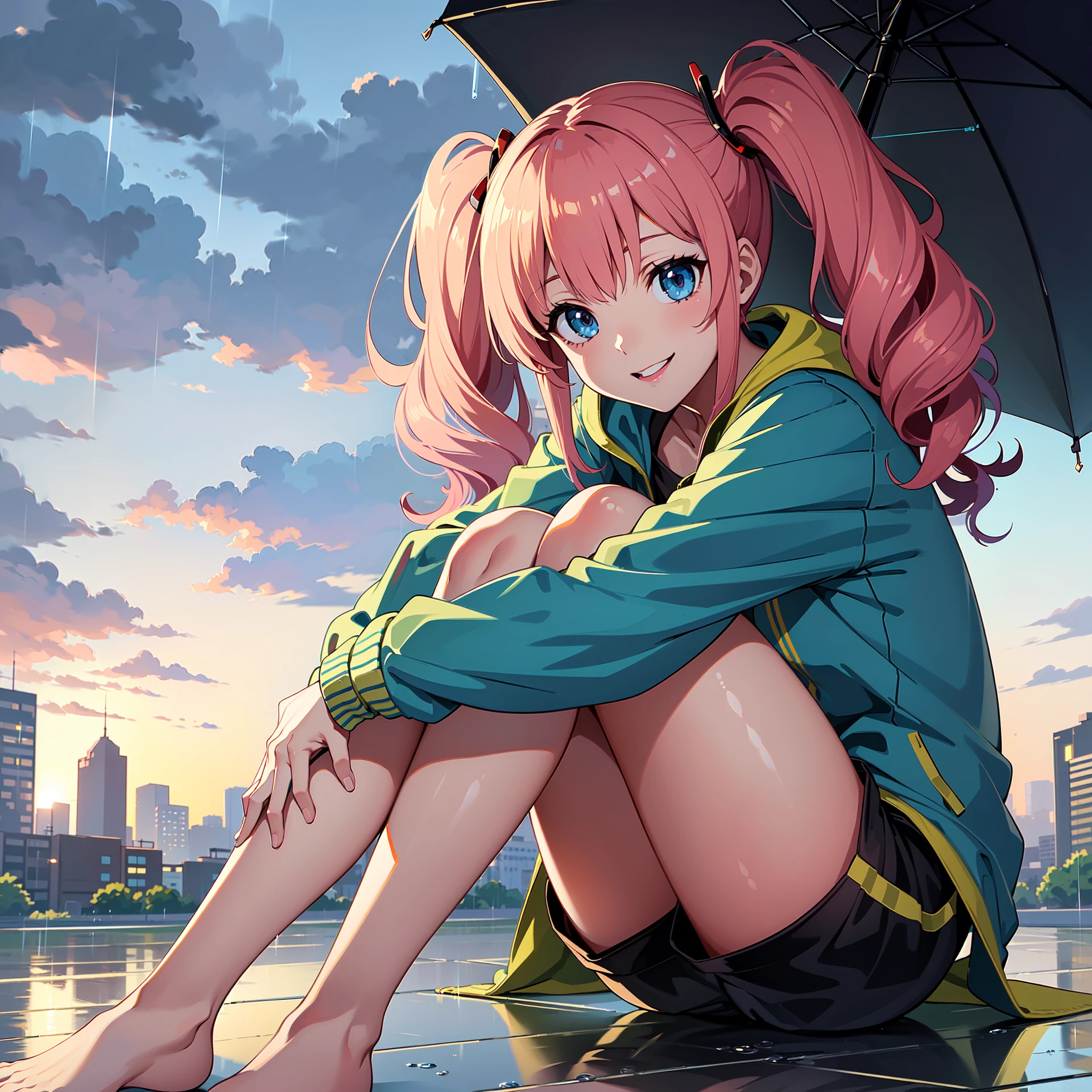 (masterpiece, best quality, hyper detailed, high detail, highest quality:1.3),absurdres, pink hair,(wavy hair),curly hair,blue eyes,<lora:GoodHands:1.2>, twintails smile, rain jacket, sitting, rain, reflection, city, hugging knee, pursed lips, outdoors, cloudy, from below, leg up, shorts, close-up, short legs, night