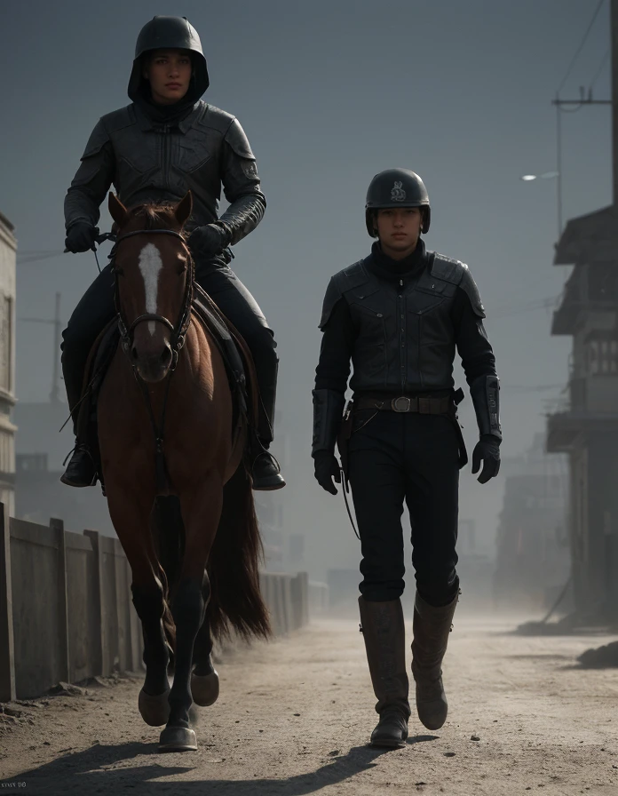 2 man dressed like (futuristic cowboys:1) sat on (horse1.1), peacefully walking in deserted Shanghai street, sharp picture, highres, rutkowski, mucha, (Photorealistic:1.4), intricate background, (very wide view, full body, sharp environment:1.2), art by Alessio Albi, Illustration, (F/16:1.1), 50mm, centerfold, (dark shot, dark theme, hard shadows, deep contrast:1.2), sci-fi, sur-real,  ultra detailed heads & faces