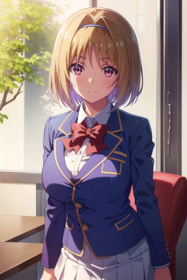 kikyoukushida, <lora:kikyou kushida s2-lora-nochekaiser:1>,
kikyou kushida, short hair, blonde hair, (red eyes:1.3), hairband, hair intakes, smile,
BREAK shirt, long sleeves, bow, school uniform, jacket, white shirt, bowtie, blue bow, blazer, (red blazer:1.5),
BREAK indoors, classroom,
BREAK looking at viewer, (cowboy shot:1.5),
BREAK <lyco:GoodHands-beta2:1>, (masterpiece:1.2), best quality, high resolution, unity 8k wallpaper, (illustration:0.8), (beautiful detailed eyes:1.6), extremely detailed face, perfect lighting, extremely detailed CG, (perfect hands, perfect anatomy),