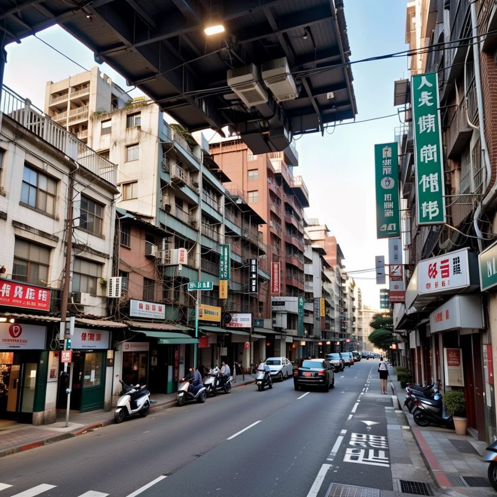 A photo-realistic, detailed close-up of a chaotic urban streetscape. The scene is characterized by a tangle of overhead wires and haphazardly placed signage, each vying for attention. The buildings are aged and worn, their facades telling stories of decades past, with peeling paint and weathered bricks. This section of the street is bustling with life, reflecting the unpolished charm of a city that has grown organically over time. The light casts deep shadows and accentuates the textures, adding a gritty realism to the image, <lora:taiwanStreet:0.65> ,<lora:crayons_v1_sdxl:0.8>