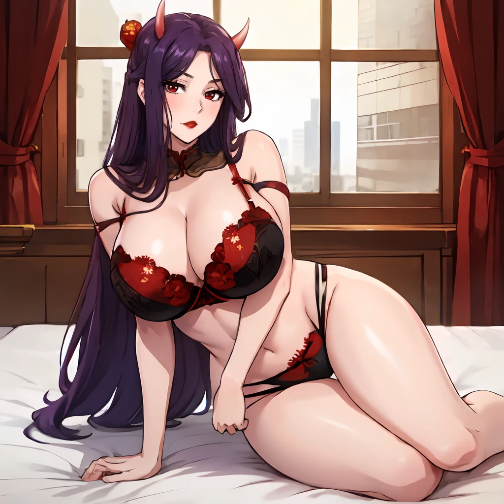 <lora:KijouYasha_UG_v01:0.8> KijouYasha, purple hair, red eyes, red lips, very long hair, large breasts, detailed, hair ornament, oni horns, looking at viewer, full body, red flowered cloth, sexy, bra, bare shoulders