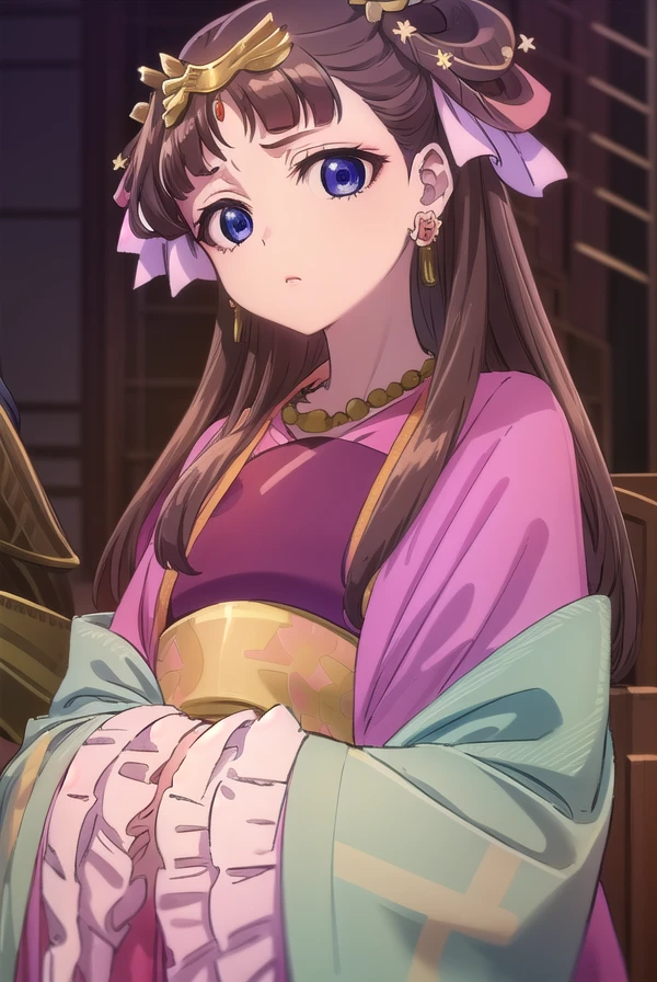 lishu, <lora:lishu s1-lora-nochekaiser:1>,
lishu, long hair, brown hair, hair ornament, (purple eyes:1.1), tiara,
BREAK jewelry, earrings, necklace, chinese clothes, hanfu,
BREAK indoors,
BREAK looking at viewer, (cowboy shot:1.5),
BREAK <lyco:GoodHands-beta2:1>, (masterpiece:1.2), best quality, high resolution, unity 8k wallpaper, (illustration:0.8), (beautiful detailed eyes:1.6), extremely detailed face, perfect lighting, extremely detailed CG, (perfect hands, perfect anatomy),