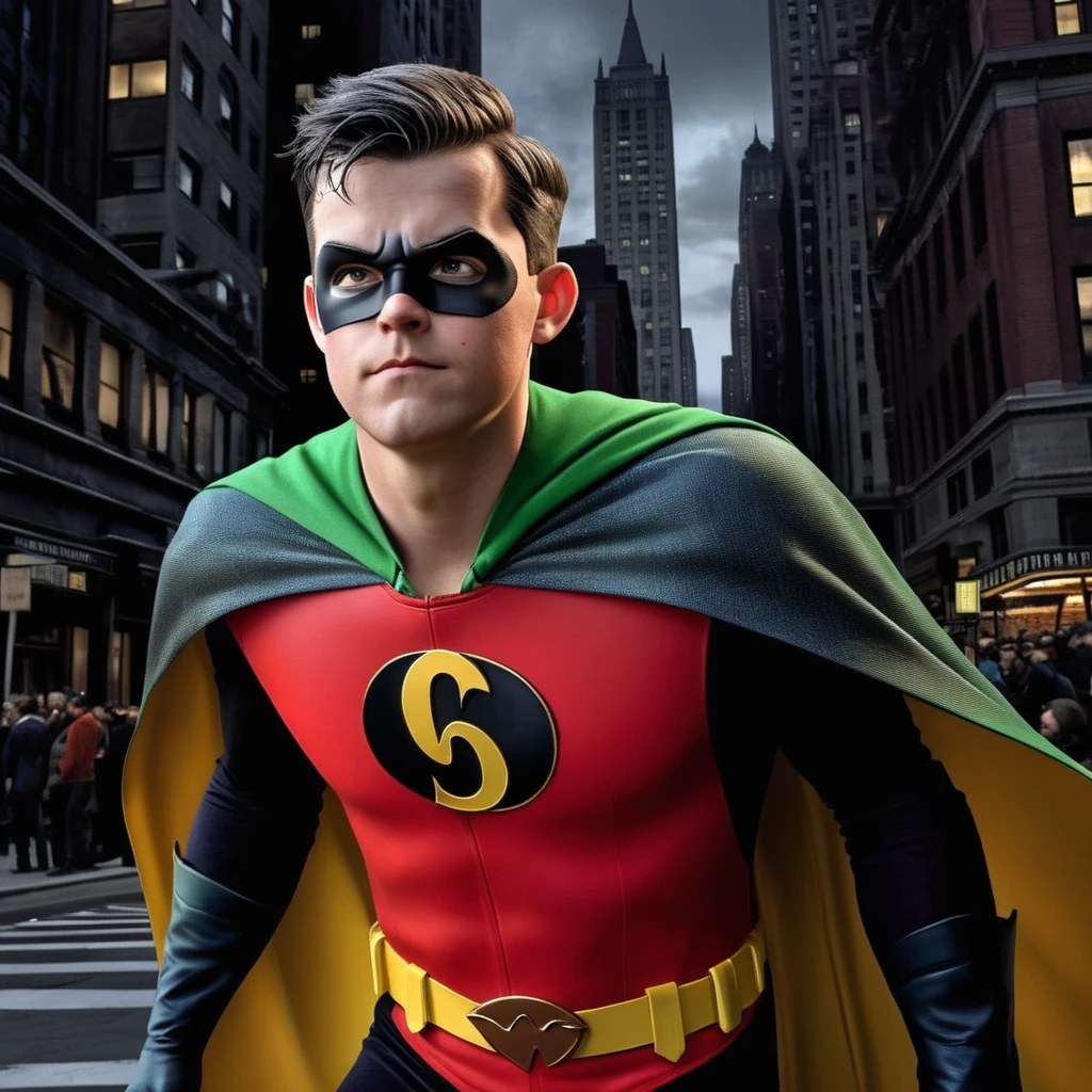 Hyperrealistic art of <lora:Robin:1.2>
Robin a cartoon of a man with a black cape in Gotham city universe, Extremely high-resolution details, photographic, realism pushed to extreme, fine texture, incredibly lifelike