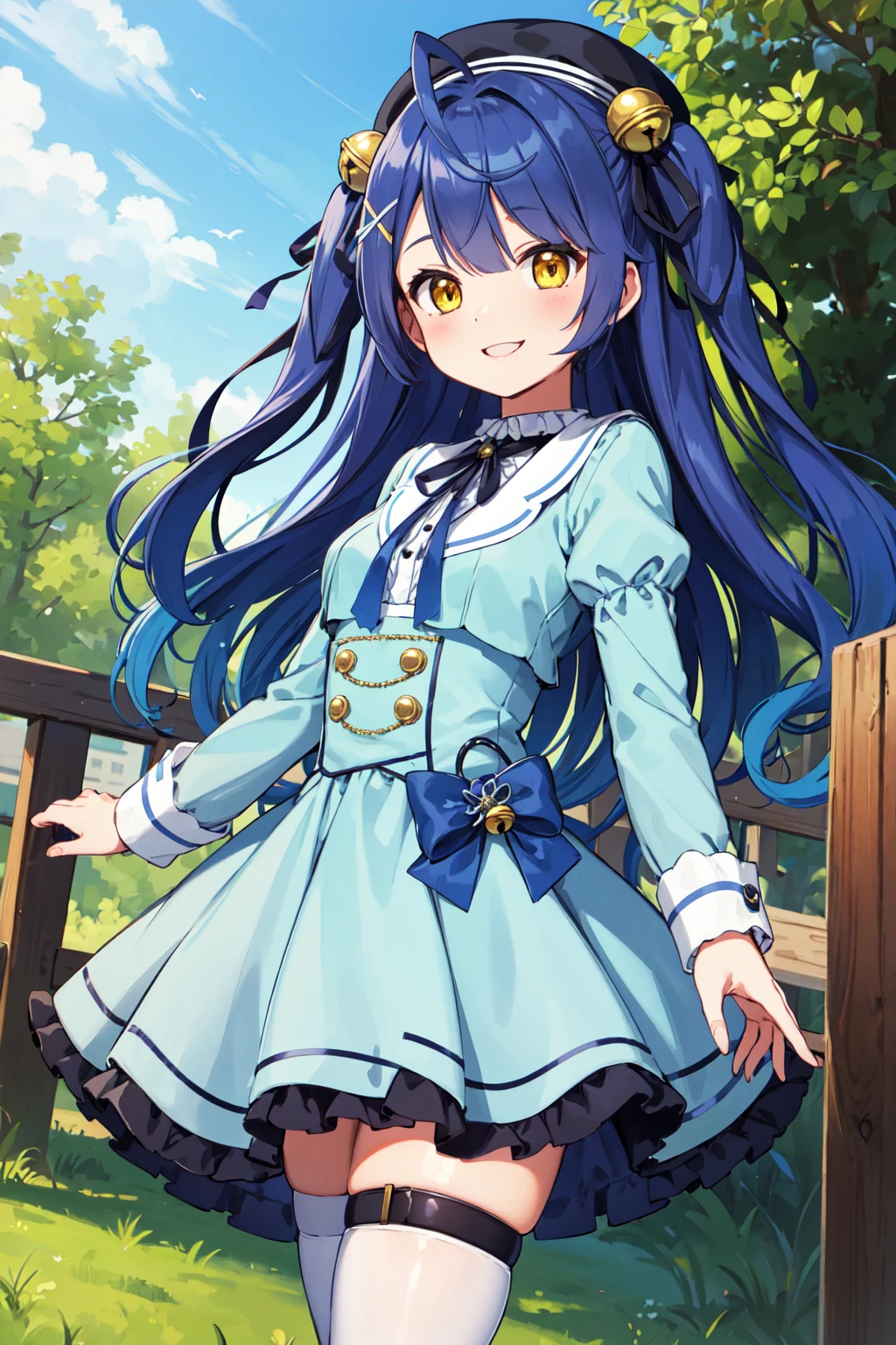 masterpiece, best quality, highres, aamya, long hair, ahoge, two side up, hair ribbon, hair bell, x hair ornament, beret, black headwear, blue dress, long sleeves, thigh strap, white thighhighs, <lora:amamiya_kokoro_v1:0.7>, standing, cowboy shot, outdoors, smile