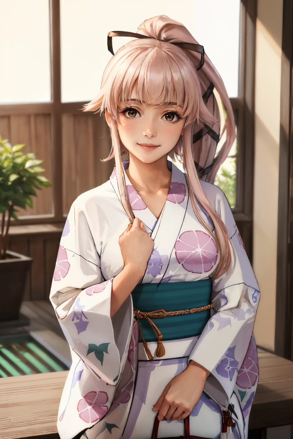 (masterpiece, best quality:1.2), solo, 1girl, yuraautumn, smile, looking at viewer, seiza, ponytail, hair ribbon, yukata, floral print, sash, obi, indoors <lora:kancolle_yurakaini-12:1>