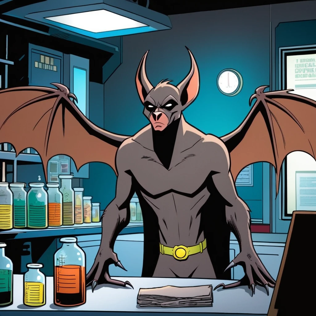 comic book art of <lora:Man-Bat:1.2>
Man-Bat a cartoon of a bat creature inside a chemical lab in Gotham city universe, comic art, graphic novel illustration
