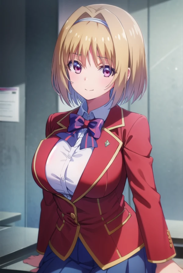 kikyoukushida, <lora:kikyou kushida s2-lora-nochekaiser:1>,
kikyou kushida, short hair, blonde hair, (red eyes:1.3), hairband, hair intakes, smile,
BREAK shirt, long sleeves, bow, school uniform, jacket, white shirt, bowtie, blue bow, blazer, (red blazer:1.5),
BREAK indoors, classroom,
BREAK looking at viewer, (cowboy shot:1.5),
BREAK <lyco:GoodHands-beta2:1>, (masterpiece:1.2), best quality, high resolution, unity 8k wallpaper, (illustration:0.8), (beautiful detailed eyes:1.6), extremely detailed face, perfect lighting, extremely detailed CG, (perfect hands, perfect anatomy),