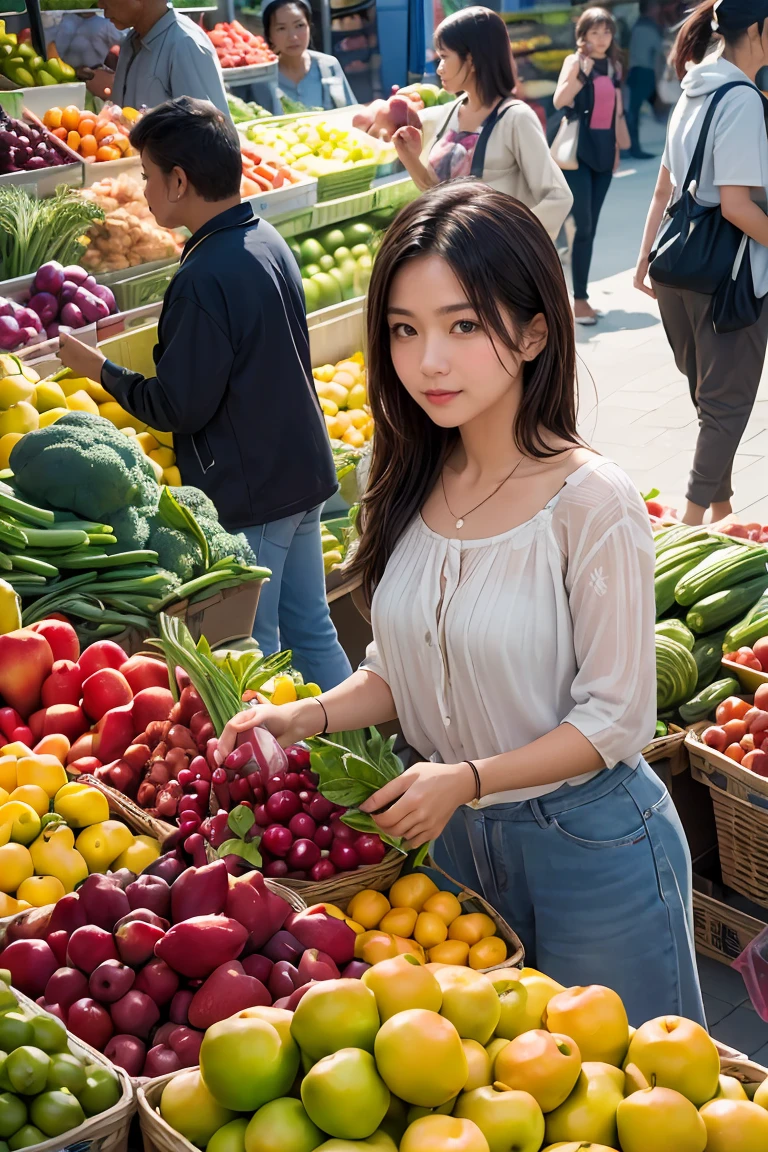 natural skin,<lora:more_details:0.3>,<lora:GoodHands-beta2:1>,(A photorealistic image of a woman walking through a busy market, with vendors selling colorful fruits and vegetables all around. Shot from a close-up angle to capture the sense of texture and vibrancy,film grain,Fujifilm XT3,