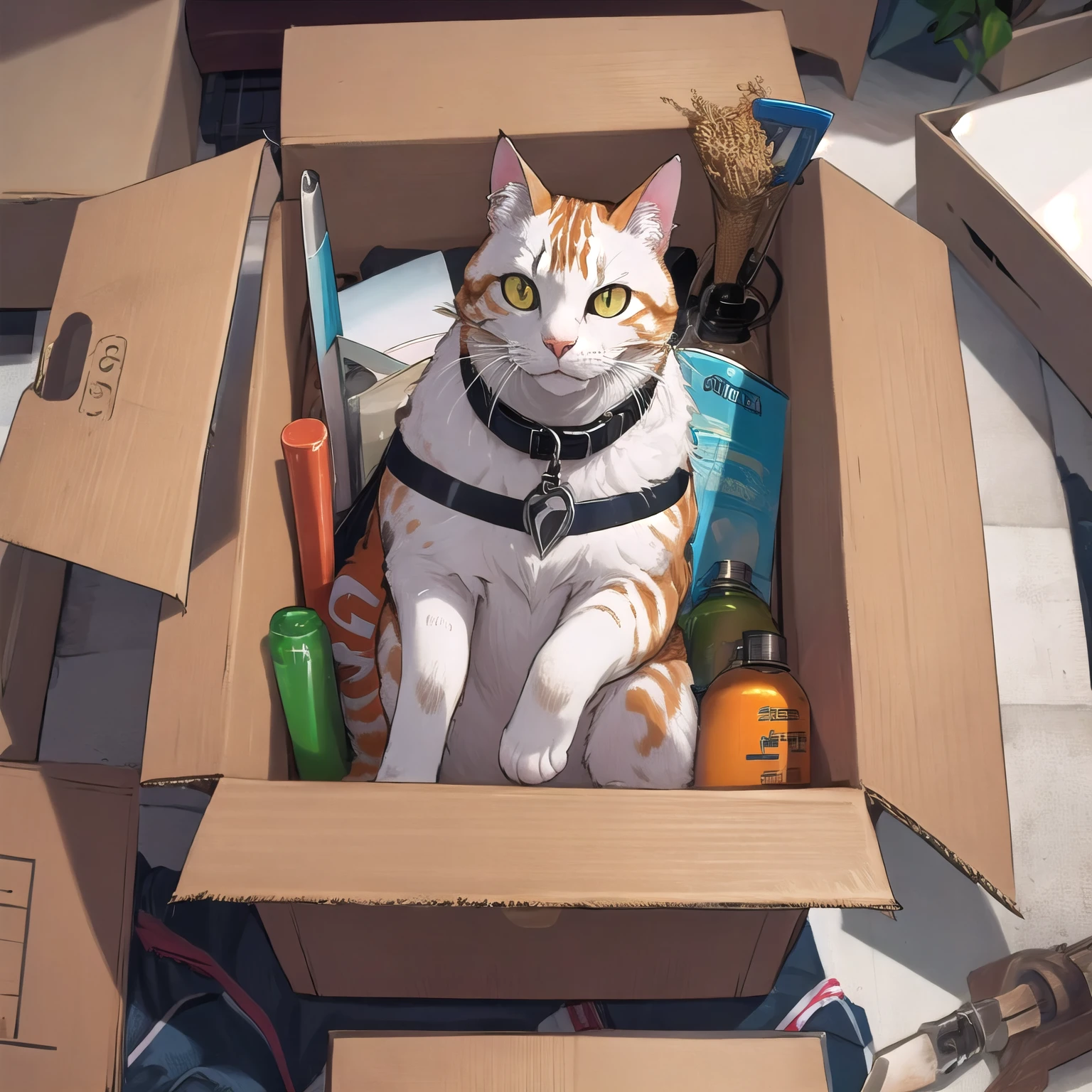 masterpiece, hires,high resolution, best quality, <lora:insidebox:1> , insidebox, boxrelaxed, in container, box filled with straw, cat, animal, no humans