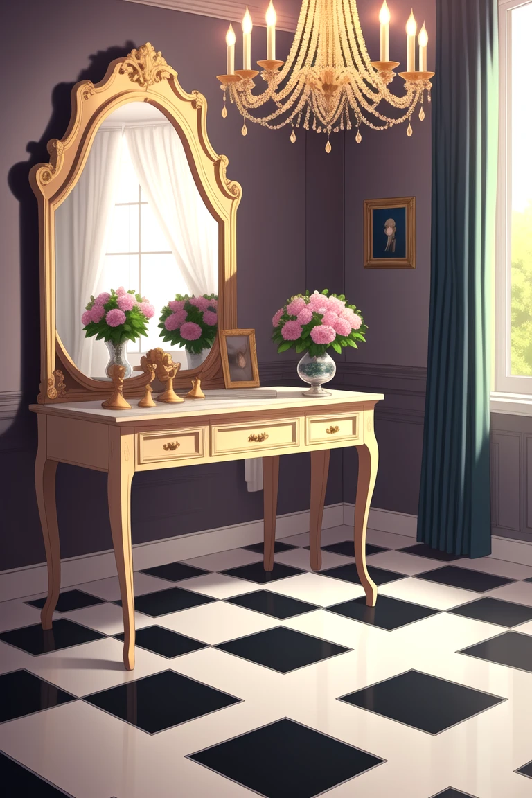 manhwa-scenery, no humans, scenery, window, chair, table, clock, indoors, curtains, chandelier, sunlight, chess piece, globe, lamp, checkered floor, reflective floor, day, vase, candlestand, desk, plant, mirror, flower, artist name, book, reflection