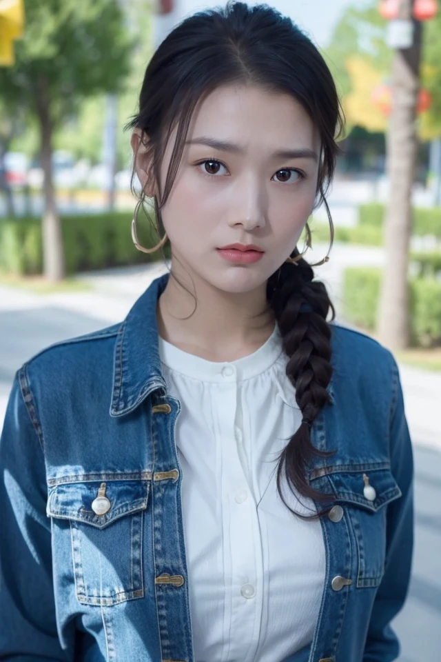 1girl,solo,denim jacket,
best quality,masterpiece,illustration,an extremely delicate and beautiful,CG,unity,8k wallpaper,Amazing,finely detail,masterpiece,official art,extremely detailed CG unity 8k wallpaper,incredibly absurdres,huge filesize,ultra-detailed,highres,extremely detailed,beautiful detailed girl,realistic,full frontal,light contrast,blurry,<lora:Shen Huixing:0.8>,